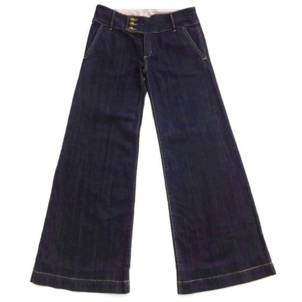 27 x 31.5 BCBGMaxAzria Jeans Dark Wash Big Stich Wide Leg Back Flap Pockets 27